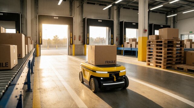 Autonomous delivery robot carrying a box in a warehouse