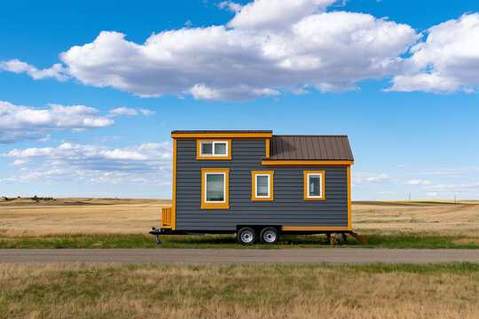 Tiny house on wheels in a wide open field under cloudy sky