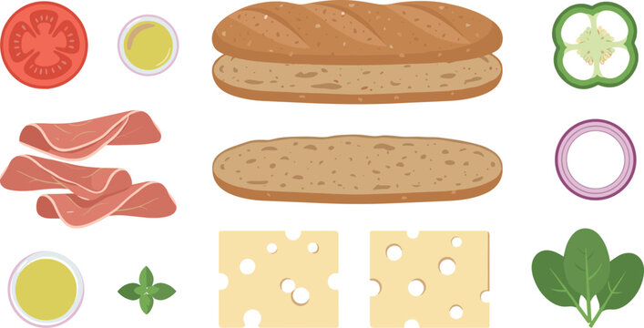 Sandwich ingredients vector illustration set with baguette bun ham cheese tomato swiss cheese onion bell pepper and sauces for cafe menu design