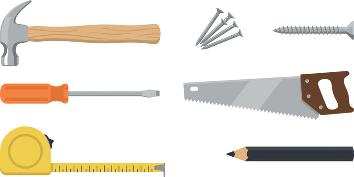 Carpentry tools vector illustration set with hammer hand saw screwdriver tape measure nails screw and carpenter pencil for hardware store logo and construction design