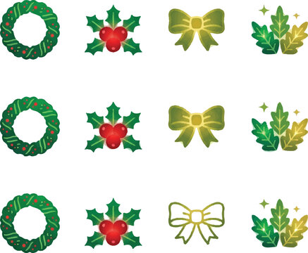 Christmas holiday icon set featuring wreaths and holly berries
