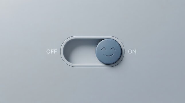 A blue toggle switch set to the on position featuring an engraved smiley face icon on a light gray background surface