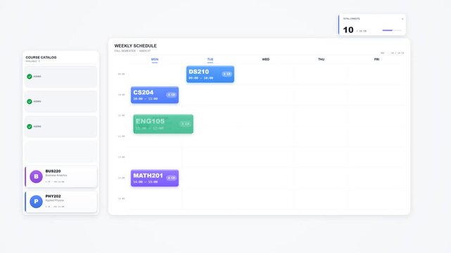 Premium 4K UI animation showing a complete university course registration workflow: six course cards from a catalog sequentially transform into scheduled calendar blocks 