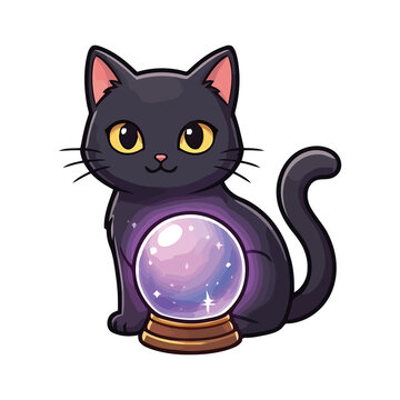 Cute black cat sitting with a glowing crystal ball in a pixel art style