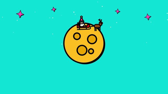 Santa Claus flying sleigh across full moon cartoon animation