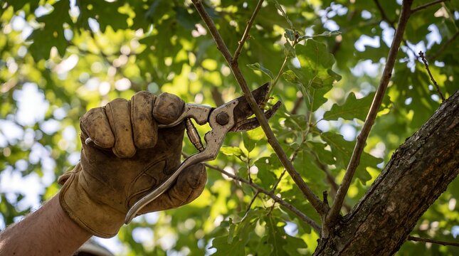 pruning shears branch tree gloves cutting detail horticulture arborist foliage Close view of hand tools clipping a living twig demonstrates precision seasonal care growth and skilled maintenance