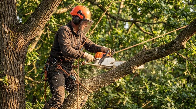 arborist chainsaw pruning tree branch climber helmet harness ropes sawdust Secured professional cuts a large limb high among leaves showing demanding outdoor labor and controlled canopy maintenance