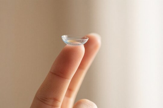 Macro shot of a contact lens balanced on a fingertip