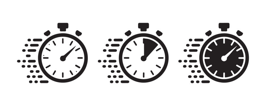 Fast delivery stopwatch icon set with speed motion lines for rapid shipping and quick service expressions.