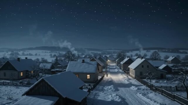 Full moon rising over a quiet rural village during the winter solstice night
