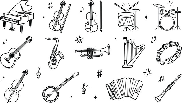 Musical instrument thin line vector icon set featuring grand piano violin acoustic guitar saxophone trumpet drums and harp for orchestra concert band graphic designs