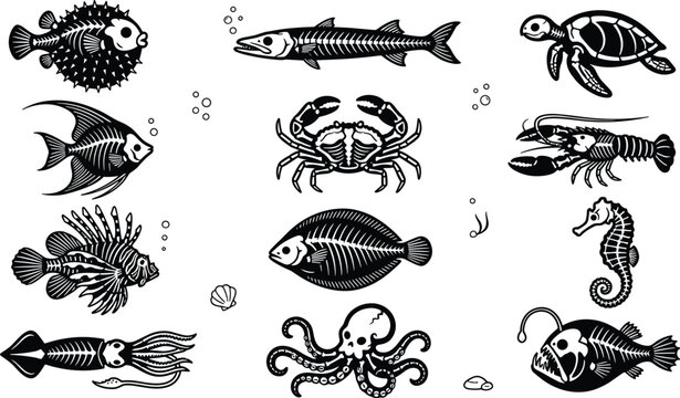 X-ray fish bone marine animal skeleton vector illustration set featuring sea turtle octopus crab lobster squid and exotic deep ocean fish silhouettes for gothic tattoo designs