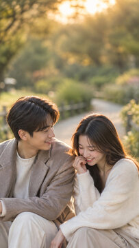 Romantic young Asian couple sitting on a park path at golden hour, woman laughing shyly while man looks at her with affection