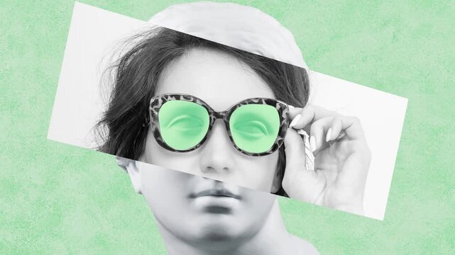 Surreal crazy GIF animation. Stop motion art concept with statue head and woman face. Funky video.
