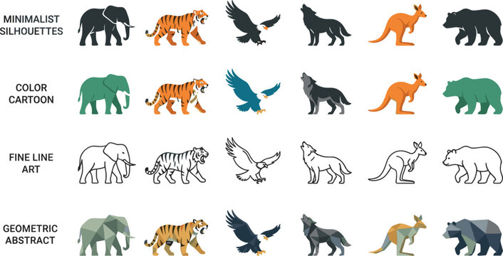 Wild animal vector mega bundle featuring elephant tiger eagle wolf kangaroo and bear icons in minimalist silhouette color cartoon fine line art and geometric abstract design styles