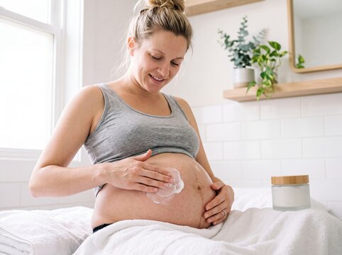 Pregnant woman belly care maternity prenatal wellness motherhood home skincare An expectant woman applies skincare to her belly at home for body confidence and prenatal wellness campaigns