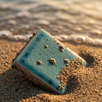 Weathered turquoise tile with barnacles on sandy beach at sunset