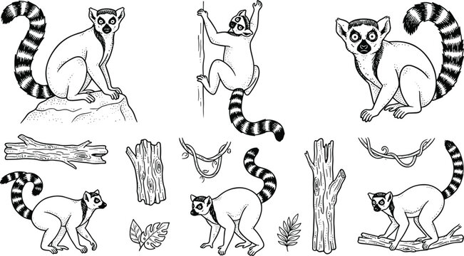 Vintage engraving style ring-tailed lemur vector collection featuring detailed line art illustrations of wild animals, jungle branches, stippled textures, and exotic rainforest elements