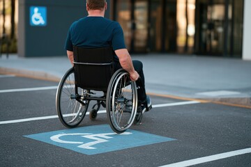 Obraz premium Wheelchair user moving independently from accessible parking space to modern public building