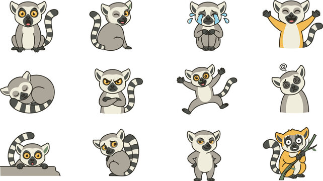 Cute ring-tailed lemur cartoon character emoticon set showing various emotions and expressions like happy, sad, angry, sleeping, and crying for stickers and icons