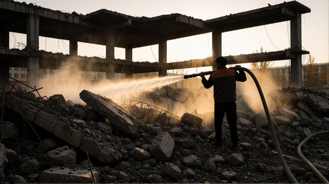 Construction worker spraying water on demolition site at sunset