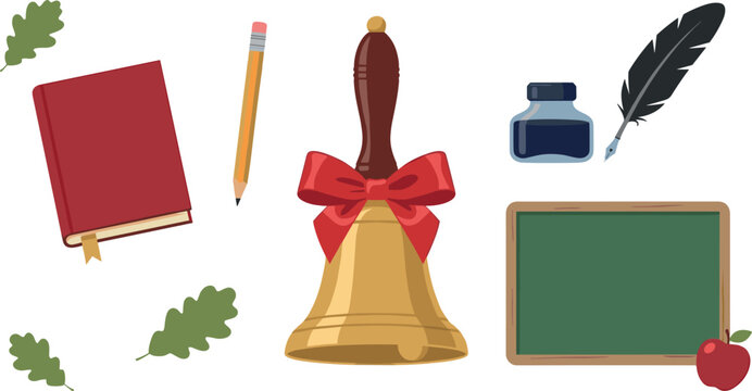 Vintage school vector illustration set with classic hand bell blackboard red book quill pen inkwell and leaves for education and learning design