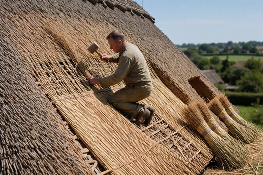 Man installing thatch on a roof