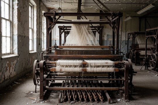 Vintage mechanical loom in abandoned textile factory
