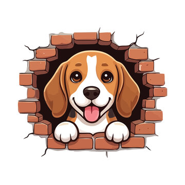 Cute beagle puppy peeking through a hole in a brick wall