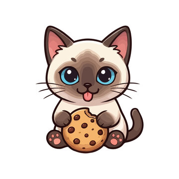 Cute Siamese kitten holding a chocolate chip cookie on a white background