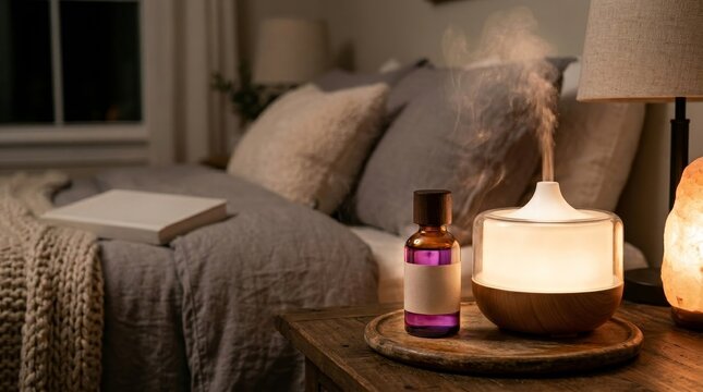 A glowing essential oil diffuser emits mist beside a bottle in a warm bedroom.