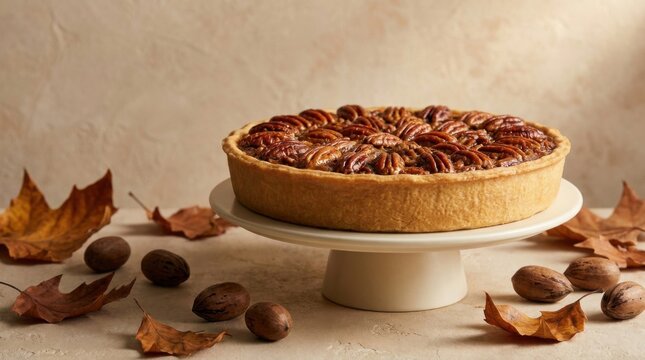 Delicious pecan pie on a cake stand with autumn leaves and nuts