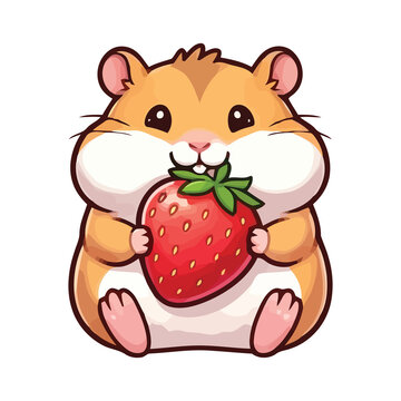 Cute cartoon hamster holding a fresh red strawberry isolated on white background