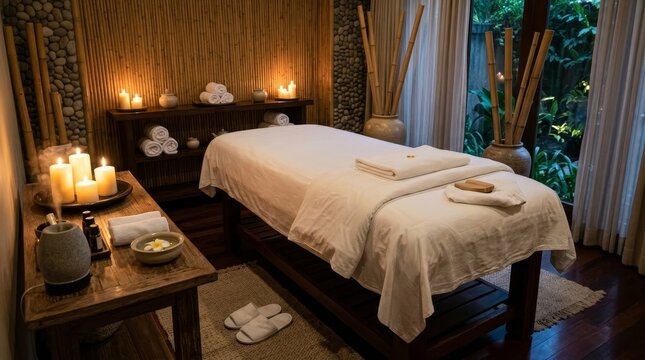 A tranquil spa room with massage bed, glowing candles, rolled towels, and bamboo decor.
