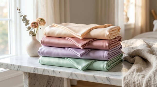 Neatly folded pastel bed sheets are stacked on a white marble table.
