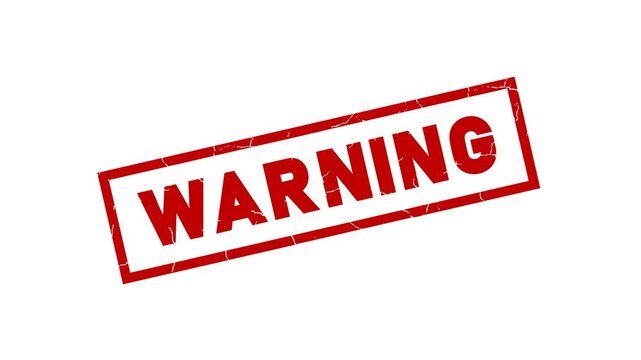Red warning rubber stamp animation, grunge alert label text overlay on white background