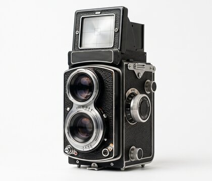 Vintage twin-lens reflex film camera isolated on a white background