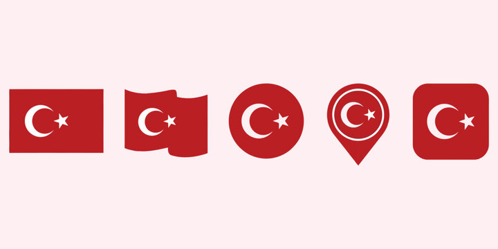 Turkey Flag Icons Set with Turkish Crescent and Star Symbols