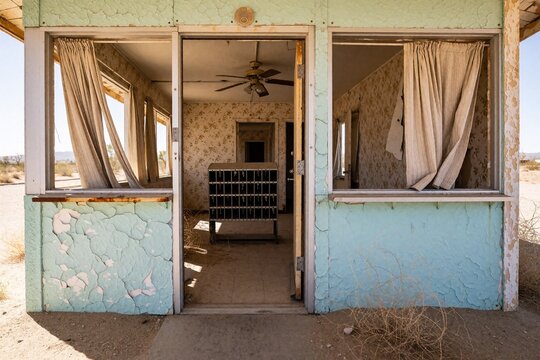 Abandoned desert motel office with peeling paint