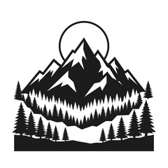 Fototapeta premium Black and white vector illustration of a mountain range with pine trees and a rising sun. vector illustration