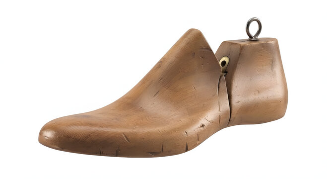 Vintage carved wooden shoe tree form model showing natural grain and aged textures, isolated on a white background.