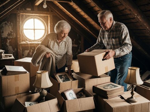 Senior couple sorting through old belongings in attic