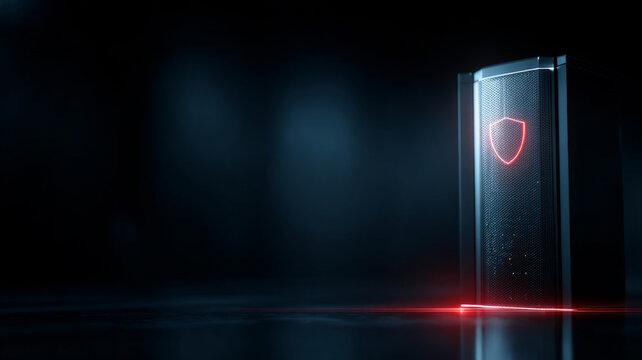 Futuristic server tower with glowing shield