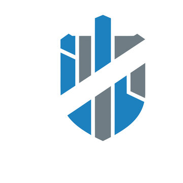 Abstract shield shape with blue and gray geometric elements