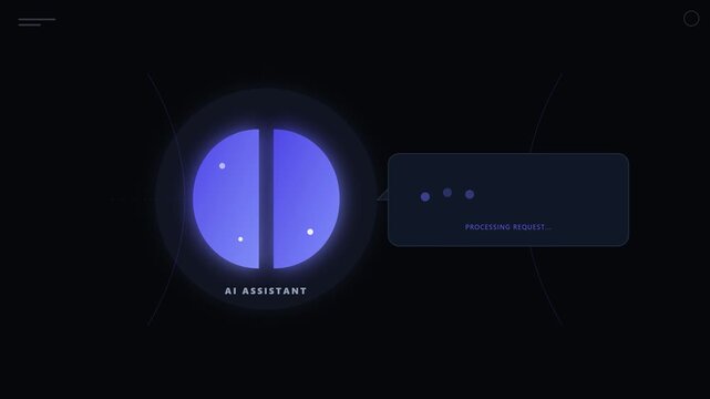 Artificial intelligence assistant circular interface displaying active processing animation for user request in digital video footage