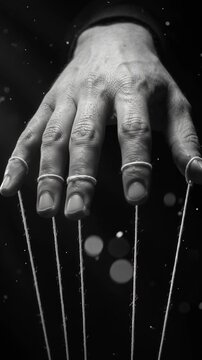 Monochrome Puppeteer Hand Controlling Strings in Darkness Concept of Political Influence