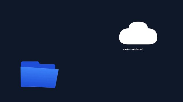 Digital data transfer animation showing files moving from blue folder storage to white cloud server motion