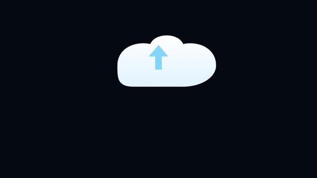 Digital cloud file upload animation displaying data transfer of various colorful documents and video media files