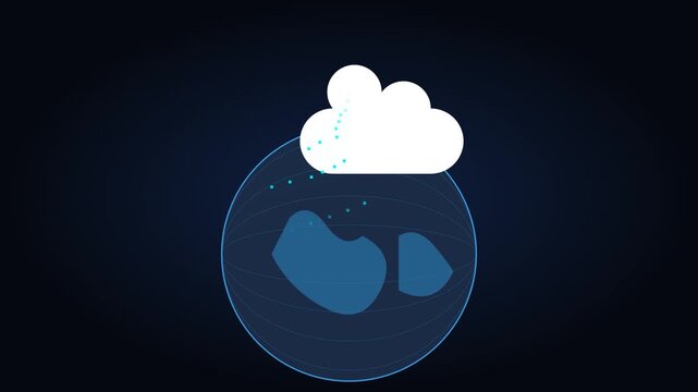 Digital globe animation showing network data connections flowing from white cloud into blue continents video footage