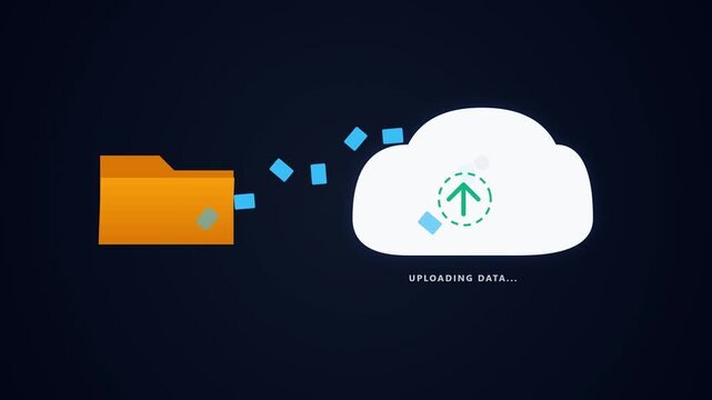 Digital file transfer animation showing data folder uploading to secure cloud storage server motion video graphic